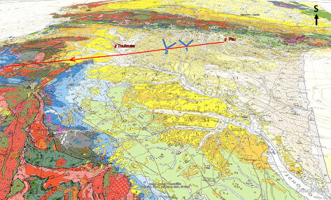 Vue oblique (vue vers le Sud) de la carte géologique de France à 1/1 000 000