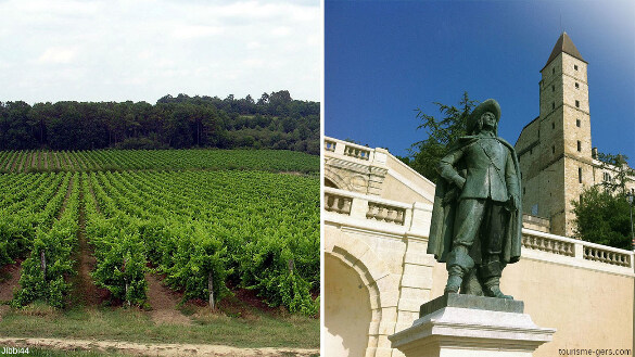 Deux symboles, vus du sol, de la région survolée au départ de Toulouse en direction de Lyon : le vignoble d'Armagnac et la statue de d'Artagnan à Auch