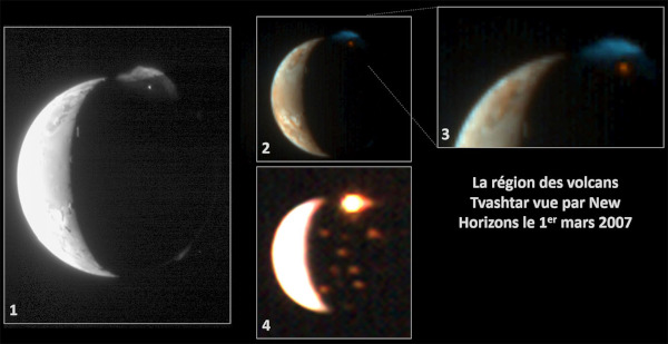 Images d'Io prises le 1er mars 2007 par trois instruments différents de la sonde New Horizons