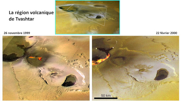 Montage illustrant les phases éruptives de 1999-2000 dans la région de Tvashtar sur Io, satellite de Jupiter