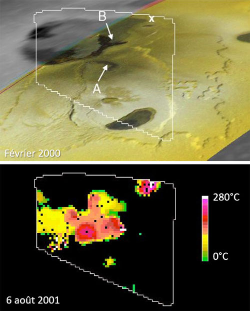 La région de Tvashtar, sur Io, en février 2000 où aucune manifestation d'éruption n'est visible, et mesure de température de surface en 2001