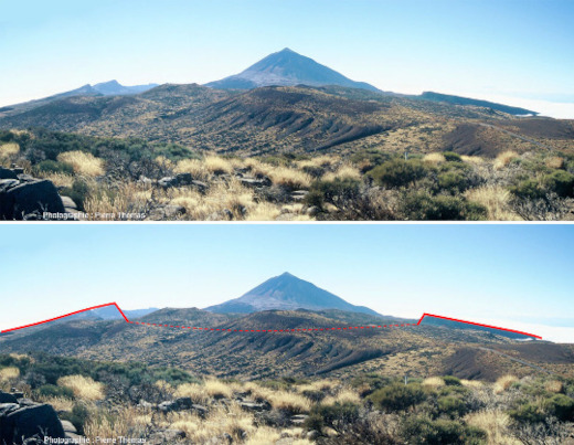 Vues brute et interprétée prises depuis la terrasse au pied d'un des télescopes en direction de l'Ouest