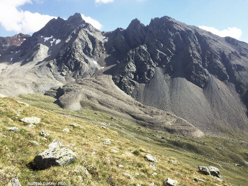 Vue de côté (en direction du Sud-Ouest) du glacier rocheux de Muragl, région de Saint-Moritz, Suisse