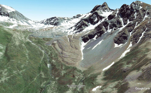 Vue aérienne en direction du Sud-Est sur le glacier rocheux de Muragl, région de Saint-Moritz, Suisse