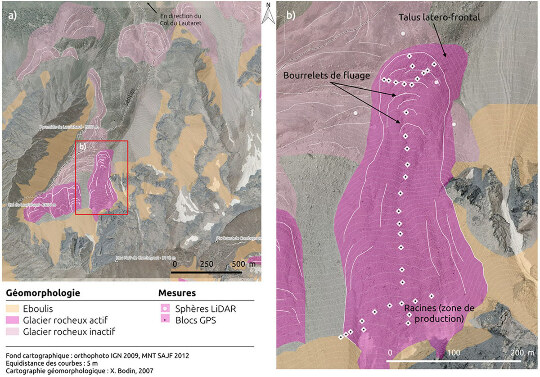 Cartes du glacier rocheux de Laurichard (Hautes-Alpes) montrant sa localisation, ses principales structures morphologiques et la position des sphères LiDAR et des blocs suivis par GPS