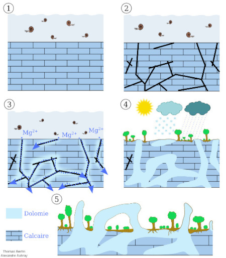 Schéma de formation du karst dolomitique et du modelé ruiniforme des canalettes