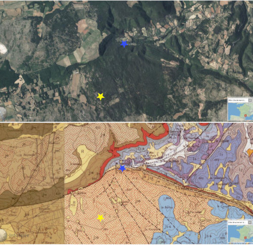Vue aérienne et fond de carte géologique de la zone du karst dolomitique dans lequel se situent les canalettes de L'Hospitalet-du-Larzac et de la source du Durzon