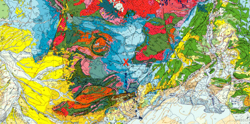 Localisation des canalettes de L'Hospitalet-du-Larzac (Aveyron) sur fond de carte géologique de France au millionième