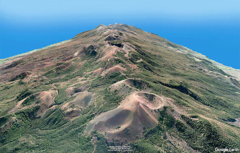 Vue aérienne prise en 2012, 9 ans avant la dernière éruption de 2021, vers le Sud, de la Cumbre Vieja (la vielle montagne), au Sud de l'ile de la Palma, archipel des Canaries