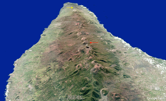 Vue aérienne prise avant la dernière éruption de 2021 montrant l'ensemble de la Cumbre Vieja, vers le Sud, La Palma (Canaries)