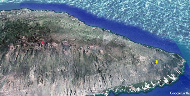 Vue aérienne prise avant la dernière éruption de 2021, montrant l'ensemble de la Cumbre Vieja, vers l'Est, La Palma (Canaries)