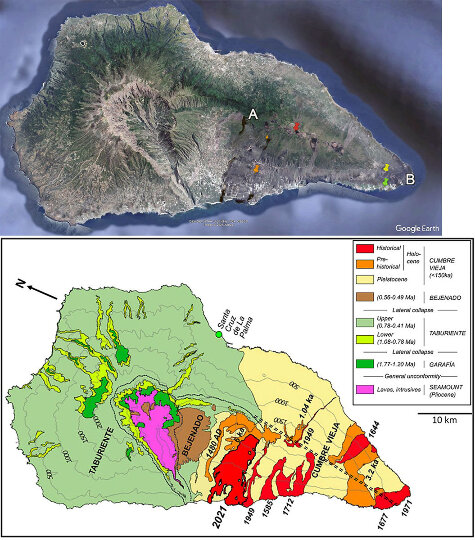 Vue aérienne et carte géologique avec la même orientation de l'ile de la Palma (Canaries)