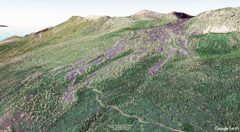 Vue aérienne sur des coulées s'échappant (vers l'Est) du volcan El Duraznero, La Palma, Canaries