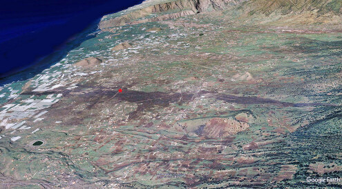 Vue aérienne globale sur tout l'aval de la coulée de 1949, La Palma, Canaries