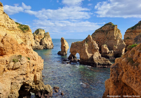 Vue plus rapprochée d'une petite crique dans les falaises miocènes de Ponta da Piedade, Algarve (Sud du Portugal)