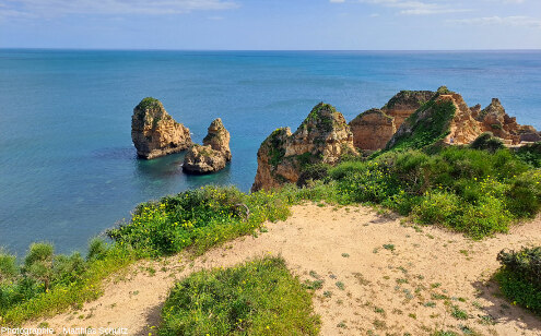 Un promontoire dans les falaises miocènes de Ponta da Piedade, Algarve (Sud du Portugal)