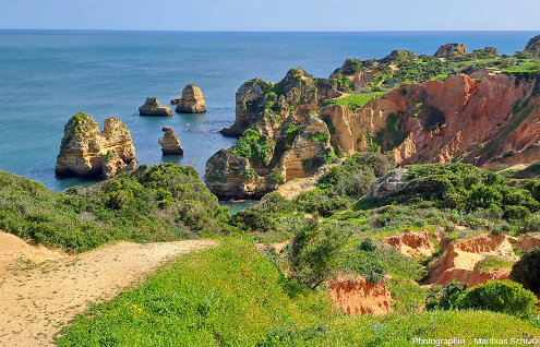 Un promontoire dans les falaises miocènes de Ponta da Piedade, Algarve (Sud du Portugal)