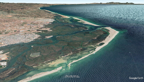 Vue aérienne sur la région du Parque Natural da Ria Formosa, Algarve (Sud du Portugal)