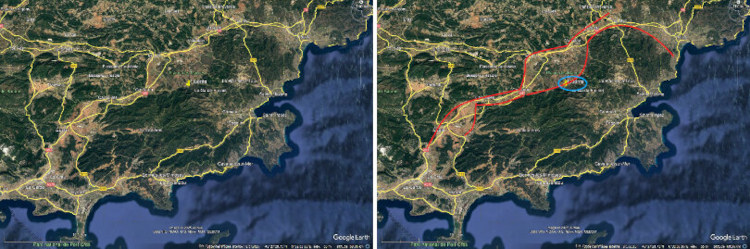 Vue aérienne du Var (Fréjus au Nord-Est), localisation des mines des Mayons et contour du bassin gréseux permien