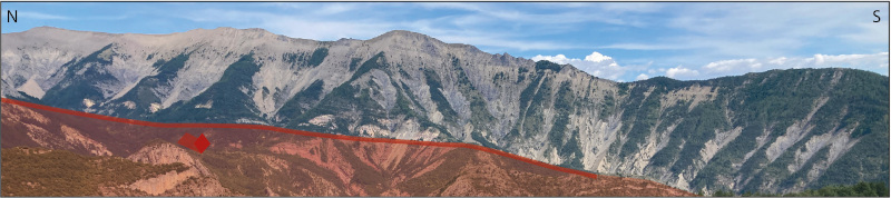 Vue interprétée illustrant la nappe de Digne avec ses sédiments triasiques et liasiques
