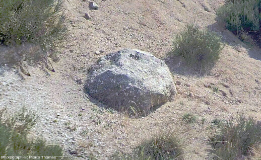 Zoom sur la boule de granite de la figure précédente au sein d’une arène granitique dont on devine la structure graveleuse