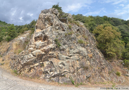 Vue par la tranche du filon de quartz des Aidons (Lozère) là où il est recoupé par une petite route