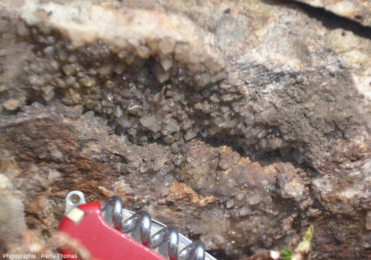 Zoom sur quelques cristallisations visibles à la base de l'affleurement, au niveau du contact entre le filon de quartz et le tout petit bas-côté de la route