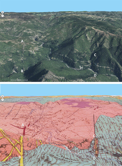 Vues aérienne et géologique sur le filon de quartz des Aidons (AB) et le filon minéralisé en Pb et Zn de de Sainte-Marguerite-Lafigère (CD)