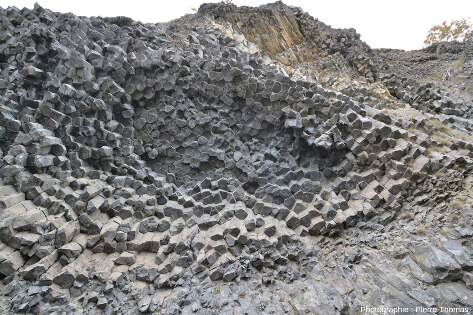 Affleurement de la zone Sud de la carrière du volcan de Peylenc (Haute-Loire) qui n'est plus en exploitation depuis des années et montre une magnifique prismation