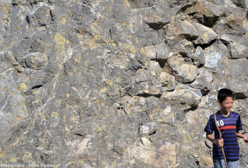 Zoom sur le front de taille exploité en 2025, photographié pendant que l'exploitation était momentanément à l'arrêt, carrière de Peylenc (Haute-Loire)