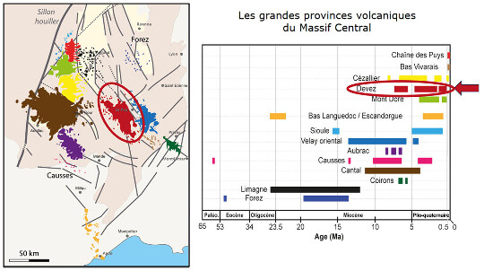 Localisation du volcan de Peylenc (Haute-Loire) (astérisque blanc) sur la carte des provinces volcaniques cénozoïques du Massif Central