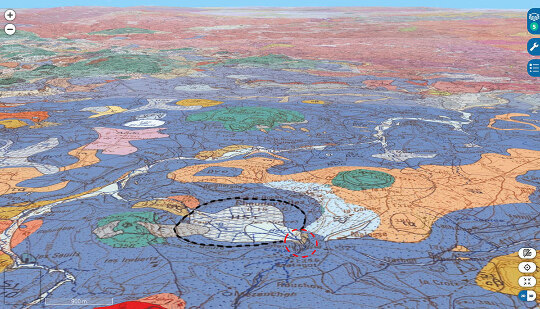 Vue géologique 3D, orientée vers le Nord, avec le maar de Chaudeyrolles (Haute-Loire) au premier plan