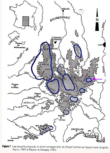 Carte des régions englacées ou fortement enneigées dans le Massif Central au Quaternaire