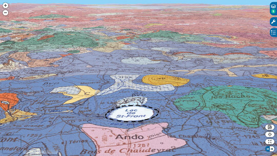 Vue géologique 3D vers le Nord sur le maar de Saint-Front (Haute-Loire) et son lac