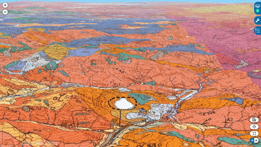 Vue géologique 3D orientée vers le Nord du maar de Saint-Martial (Ardèche) et de son lac