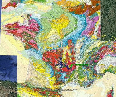 Localisation du maar de Chaudeyrolles et du Bas Vivarais sur fond de carte géologique de la France