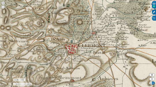 Extrait de la carte de Cassini, version colorisée de 1780, peinte à l'aquarelle, de la région de Clermont