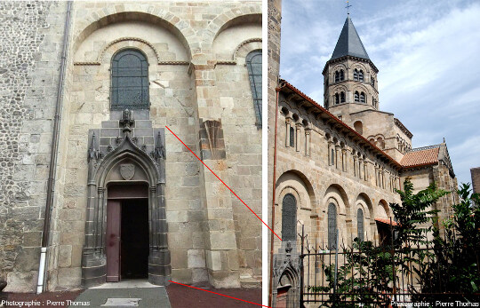 Vue globale et de détail sur le côté Sud de la basilique Notre-Dame-du-Port (XIIe siècle), Clermont-Ferrand (Puy-de-Dôme)