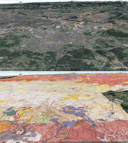 Vue aérienne, en direction de l'Est, et vue géologique correspondante du site de la ville de Clermont-Ferrand (Puy-de-Dôme)