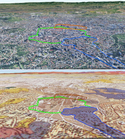 Vue aérienne et vue géologique correspondante plus détaillées du site du maar de Clermont-Chamalières, maar situé en pleine ville et quasiment invisible dans la morphologie
