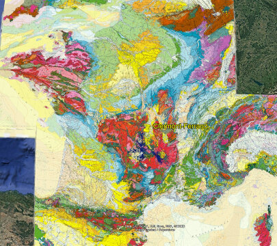 Localisation de Clermont-Ferrand (Puy-de-Dôme) sur fond de carte géologique de la France