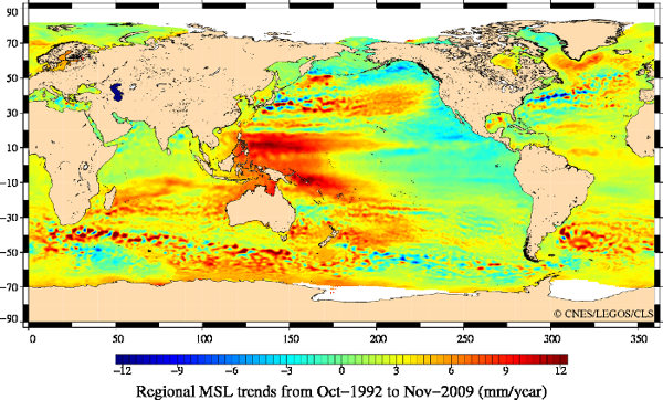Répartition géographique de la variation du niveau moyen des mers vu par les altimètres, entre 1992 et 2009