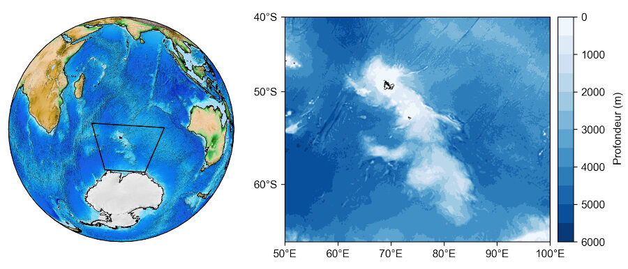 Topographie en globe et carte bathymétrique centrées sur les Kerguelen