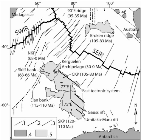 Localisation du plateau des Kerguelen dans le secteur Indien de l'Océan Austral, âges des épisodes volcaniques qui en sont à l'origine