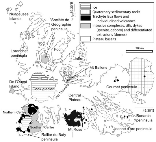 Carte de Grande Terre, l'ile principale de l'archipel des Kerguelen, localisation des roches volcaniques et des glaciers