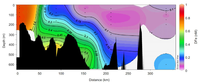 Section longitudinale représentant la concentration en fer dissout (DFe) sur le bord Est du plateau des Kerguelen