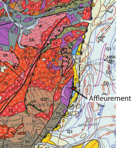 Extrait de la carte géologique de la France au millionième centrée sur la bordure Ouest du Fossé rhénan