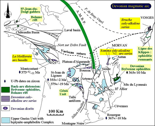 Schéma structural des Massifs Armoricain, Central et des Vosges localisant les données structurales, magmatiques et géochronologiques de l'événement D2
