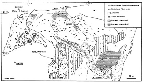 Carte de l'anisotropie de susceptibilité magnétique linéaire (ou linéation) du massif de Guéret et des massifs granitiques environnants : Brâme-Saint-Sylvestre et Millevaches