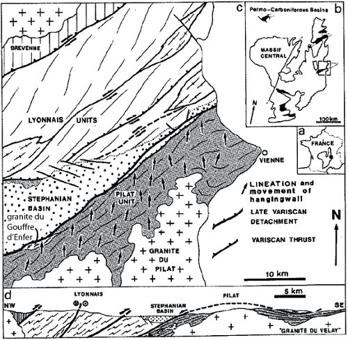 Carte structurale et coupe du bassin houiller de Saint-Étienne, de la faille de détachement du Pilat et du bord Nord du dôme du Velay